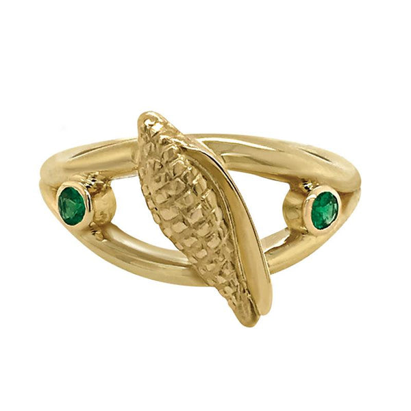 05 May "Birthshell" 14k Yellow Gold Ring: The Junonia Shell with Emeralds