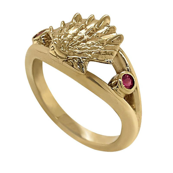 07 July "Birthshell" 14k Yellow Gold Ring: The Lion's Paw with Rubies