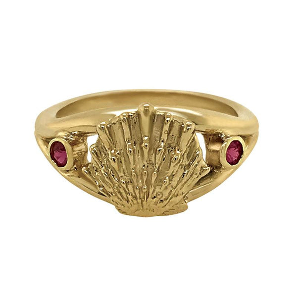 07 July "Birthshell" 14k Yellow Gold Ring: The Lion's Paw with Rubies