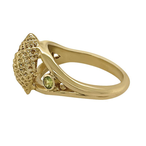 08 August "Birthshell" 14k Yellow Gold Ring: The Nutmeg Shell with Peridots