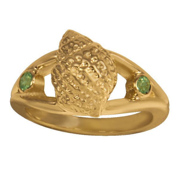 08 August "Birthshell": 14 Karat Yellow Gold Ring: The Nutmeg Shell with Peridots