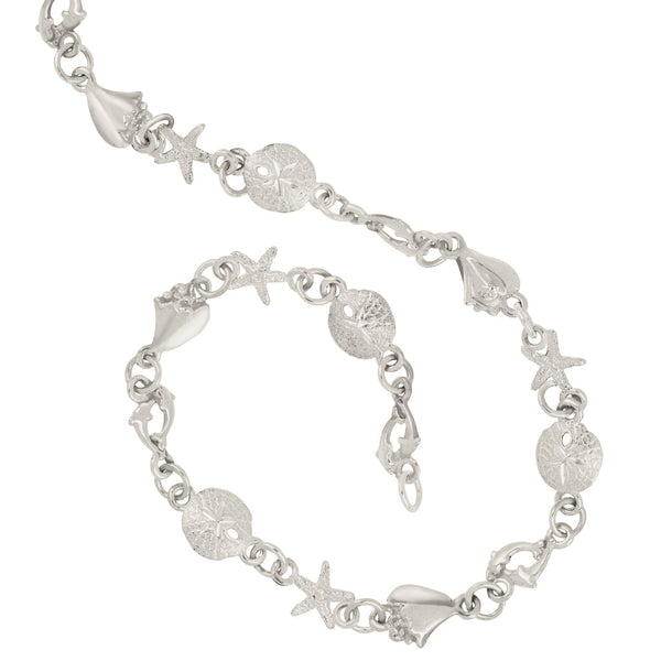 Sterling Silver 10" Starfish, Sanddollar, Dolphin and Conch Anklet