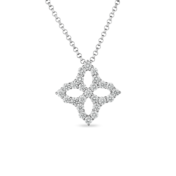 Roberto Coin 18k White Gold Medium Outline Princess Flower Diamond Pendant 16-18