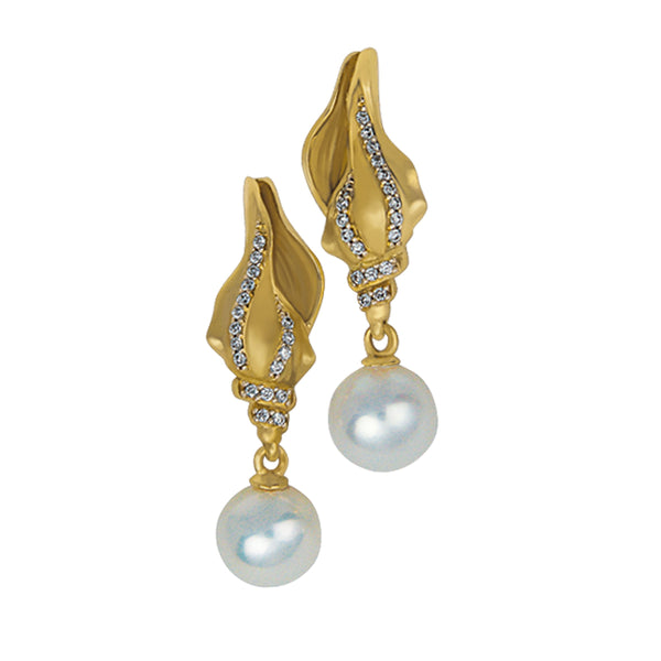 14k Yellow Gold Conch Earrings with Freshwater Pearls & Diamonds, D=.11tw