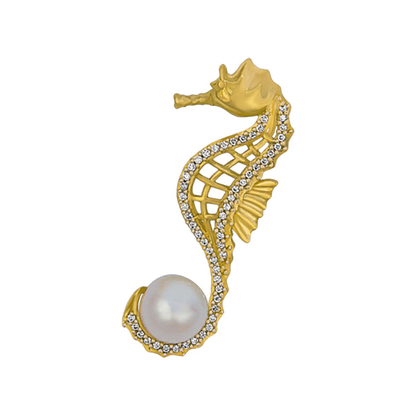 14k Yellow Gold Diamond Seahorse Pendant with Freshwater Pearl, D=.15tw