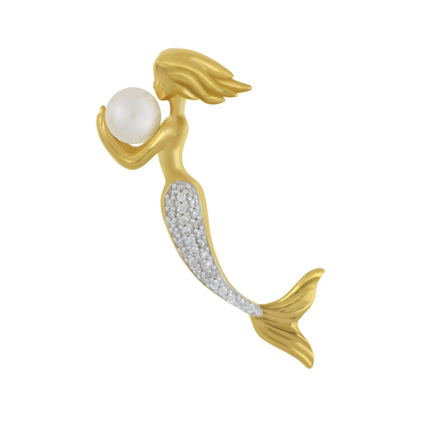 14k Yellow Gold Mermaid Pendant with Freshwater Pearl & Diamond, D=.10tw