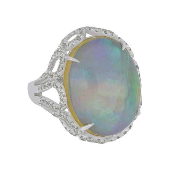 14k White Gold Oval Diamond Halo Opal Ring size 7