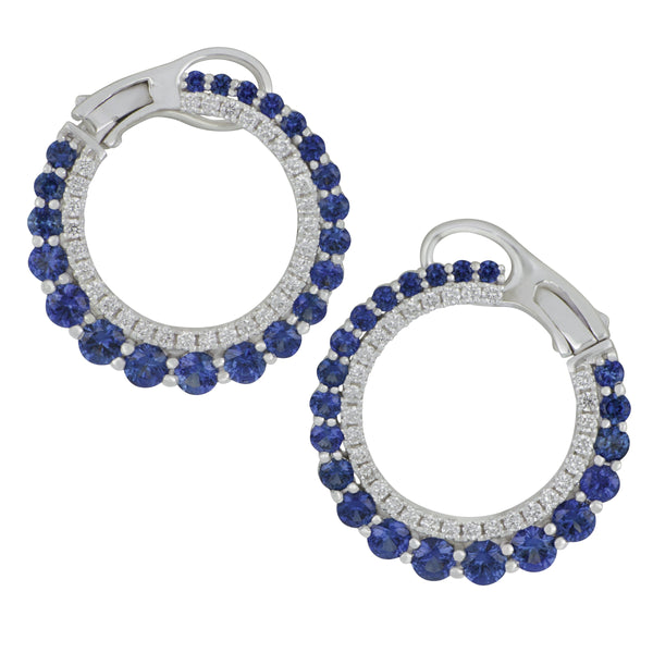 14k White Gold 2-Row Front-to-Back Sapphire and Diamond Circle Hoop Earrings, SA= 1.74tw D=0.35tw GH/SI