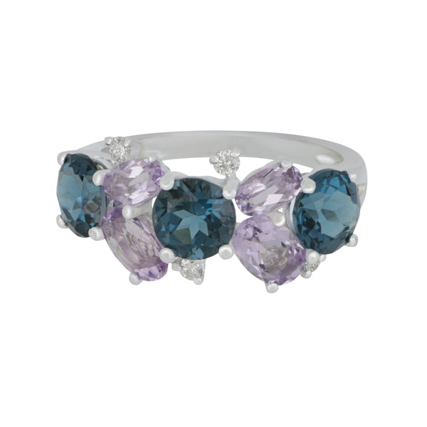 14k  White Gold Multi London Blue Topaz, Pink Amethyst and Diamond Ring Size 6.5, LBT=3.40tw PAM =1.40tw D=0.10tw GH/SI supports Captain's for Clean Water