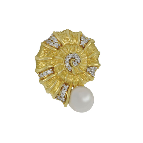 14k Yellow Gold Nautilus Pendant with Freshwater Pearl & Diamonds, D=.10tw