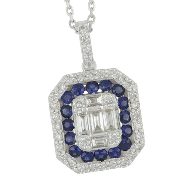 14k White Gold Double Halo Sapphire with Round and Baguette Mosaic Diamond Pendant 16", D=0.56tw GH/SI1-VS SA=0.45tw