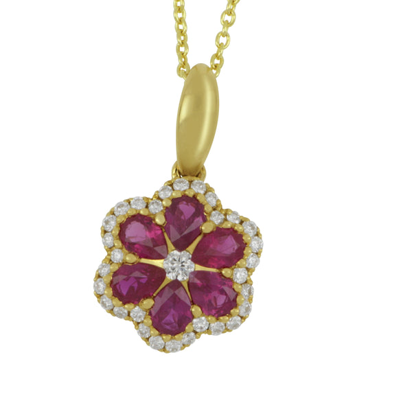 14 karat Yellow Gold Flower Ruby and Diamond Pendant 18", RU=0.64tw D=0.14 GH/SI