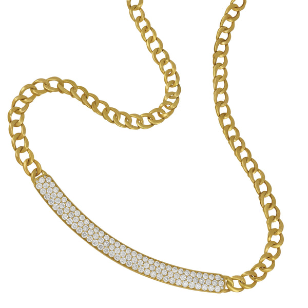 18 karat yellow gold Pave curved Diamond bar curb link Necklace 17", D=2.28tw