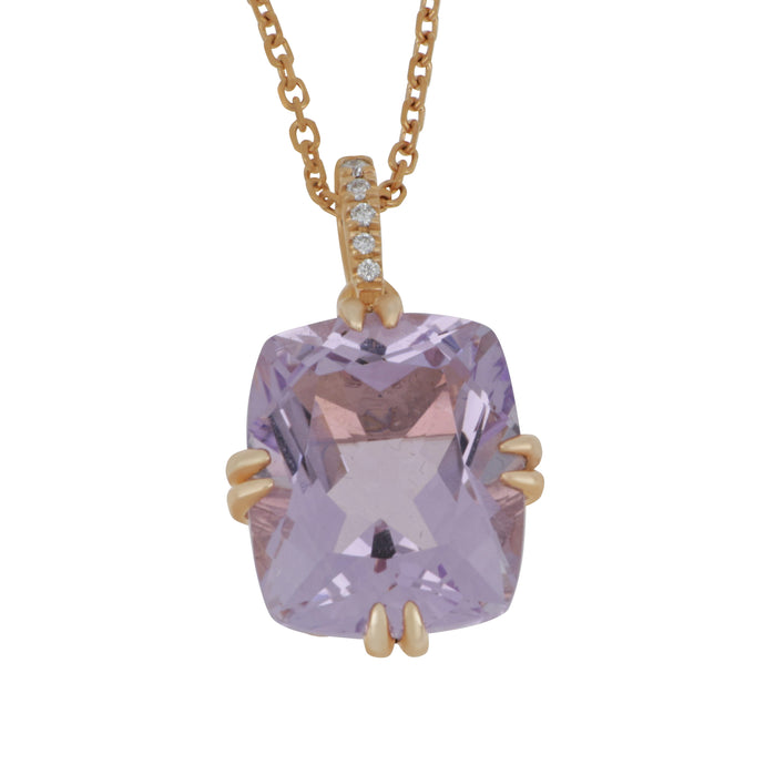 14 KARAT ROSE GOLD CUSHION PINK AMETHYST AND DIAMOND PENDANT 16