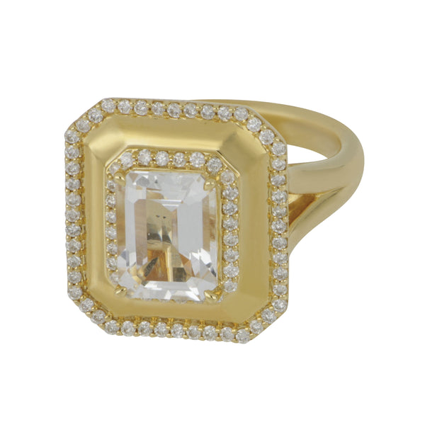 Syna 18 karat Yellow Gold Octa Rock Crystal Quarz and Champagne Diamond ring szie 7, QTZ=2cts CH D=0.35tw, Size 7