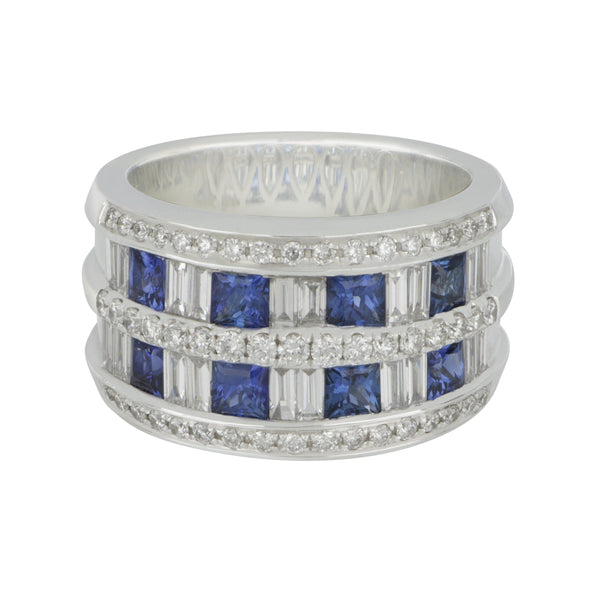 14k White Gold 5-Row Square Cut Sapphire and Round Diamond Band size 6.5, SA=1.54tw D=1.21tw GH/SI-VS