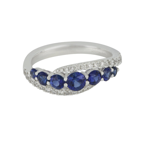 14 karat White Gold Graduated Sapphire and Diamond Swirl ring size 6.5, SA=1.01tw D=0.31tw GH/SI