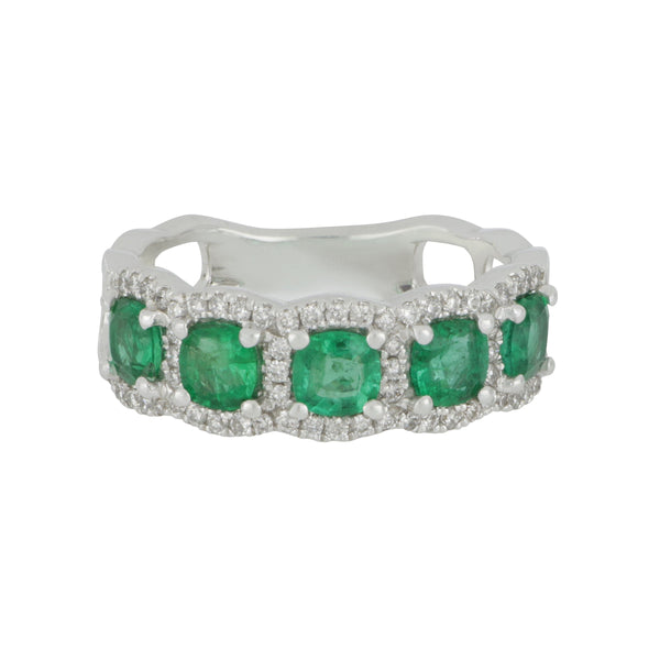 14k White Gold 5 Halo Emerald and Diamond Ring Size 6.5, EM=1.19tw D=0.33tw GH/SI