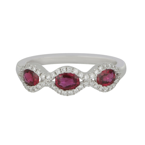 18 karat White Gold East/West Oval Ruby and Diamond Ring size 6.5, RU=0.79tw D=0.19tw GH/SI