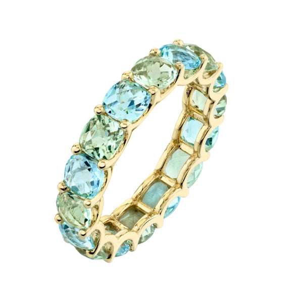 Sloane Street 18 karat yellow gold alternating Cushion Blue Topaz and Green Amethyst Eternity Band szie 7, Bl Top=2.90ctw, Grn Amy=2.16ctw, Size 7