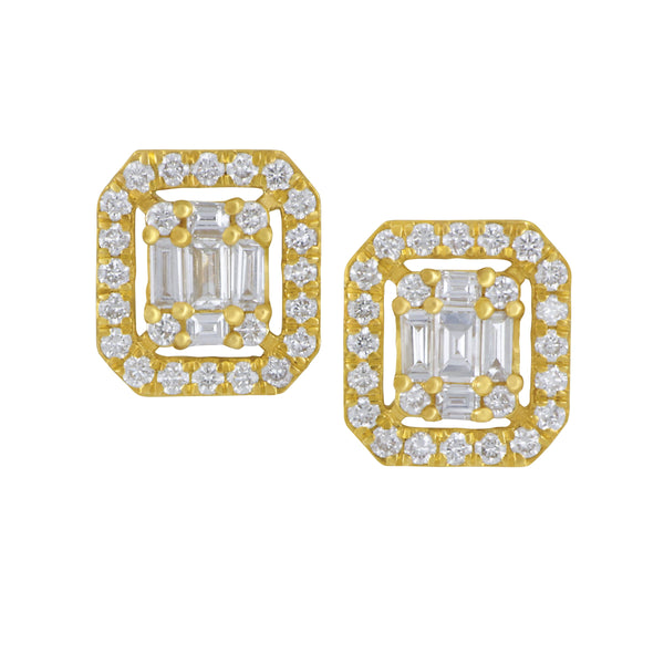 14k Yellow Gold Halo Round and Baguette Mosaic Diamond Earrings, D=0.90tw HI/S